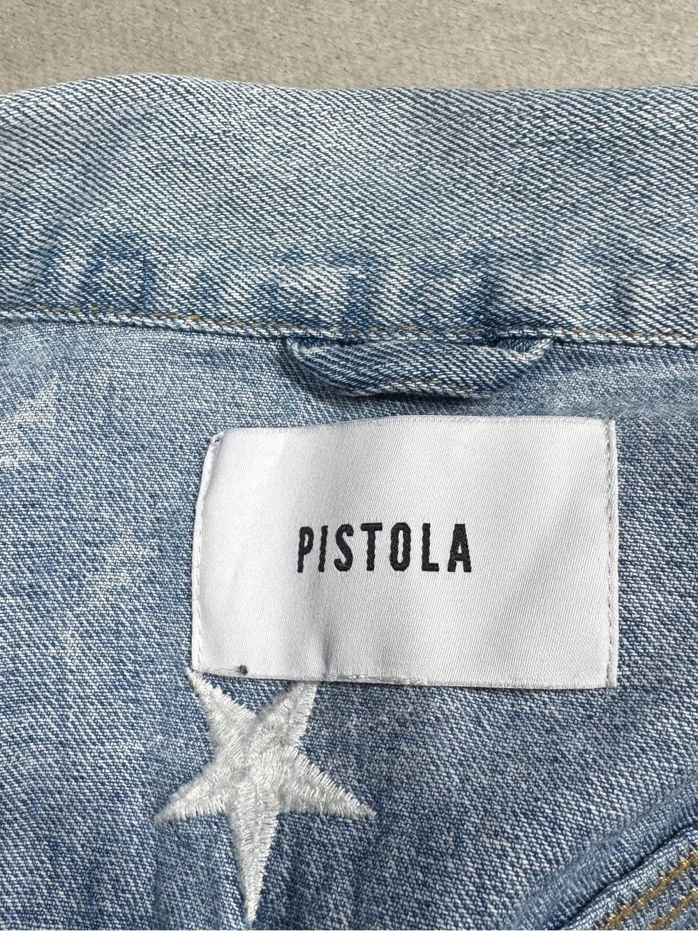 Pistola Brando Embroidered Star Distressed Cut Off Denim Blue Jean Jacket Small - Picture 14 of 15